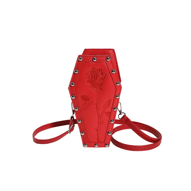 Red Gothic Red Coffin-Shaped Crossbody Bag with Embroidered Rose - Unique Fashion Statement