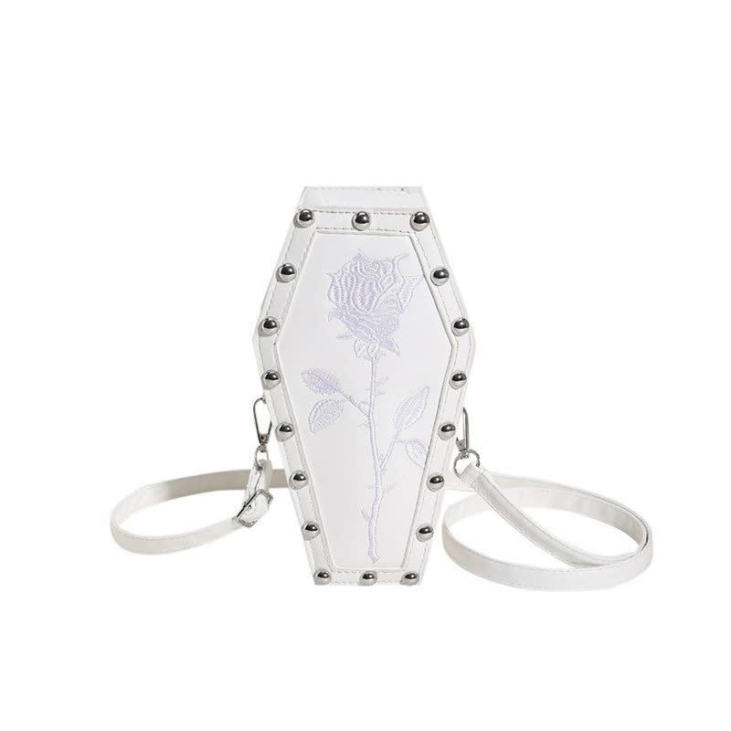 White Gothic Red Coffin-Shaped Crossbody Bag with Embroidered Rose - Unique Fashion Statement