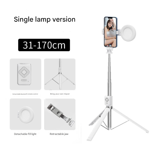 White Single Light 3-in-1 Bluetooth Selfie Stick with Tripod and Remote Control - Adjustable for Smartphones