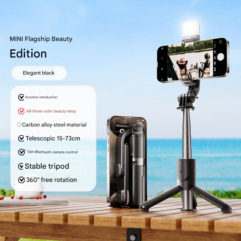 Black With Light Portable Selfie Stick Tripod with Bluetooth Remote - Compact and Adjustable