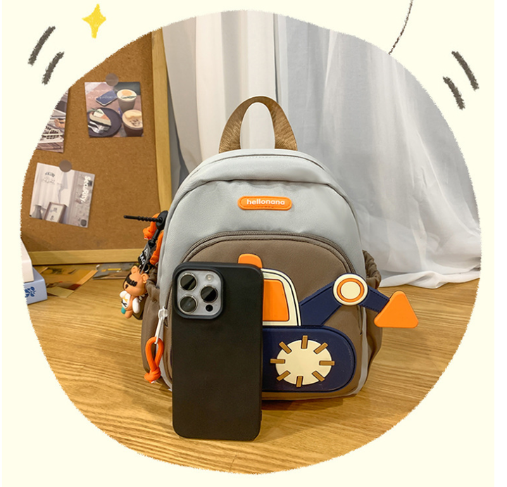 Black Kids' Cartoon Backpack - Adorable Excavator Design with Spacious Compartments