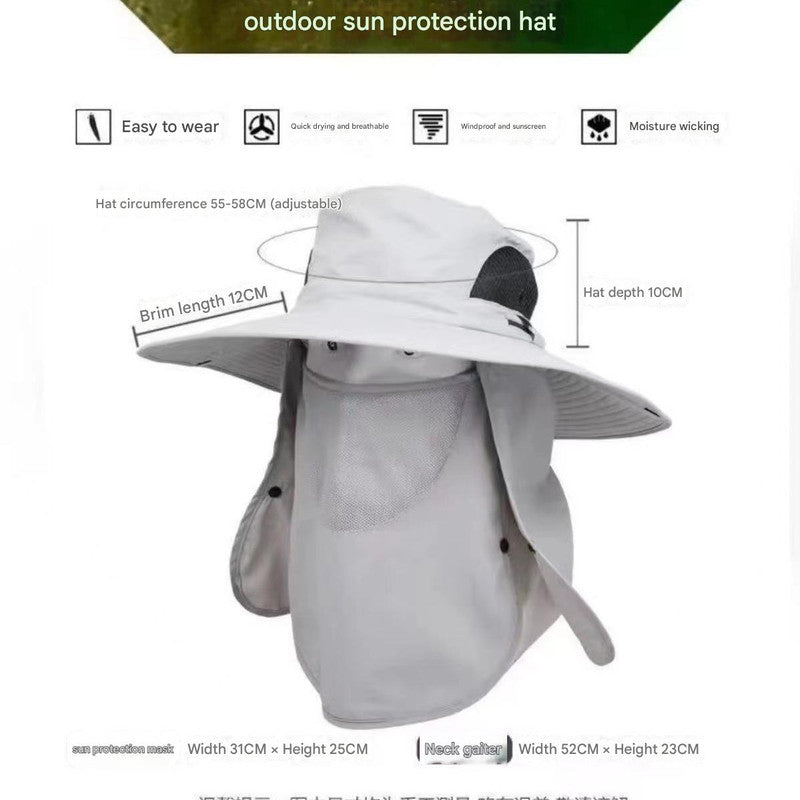 Black Outdoor Sun Protection Hat with Detachable Face and Neck Flap - UPF 50+