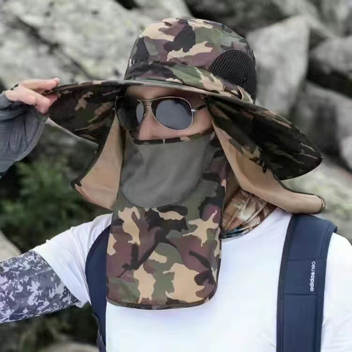 Dark Green Camouflage Outdoor Sun Protection Hat with Detachable Face and Neck Flap - UPF 50+