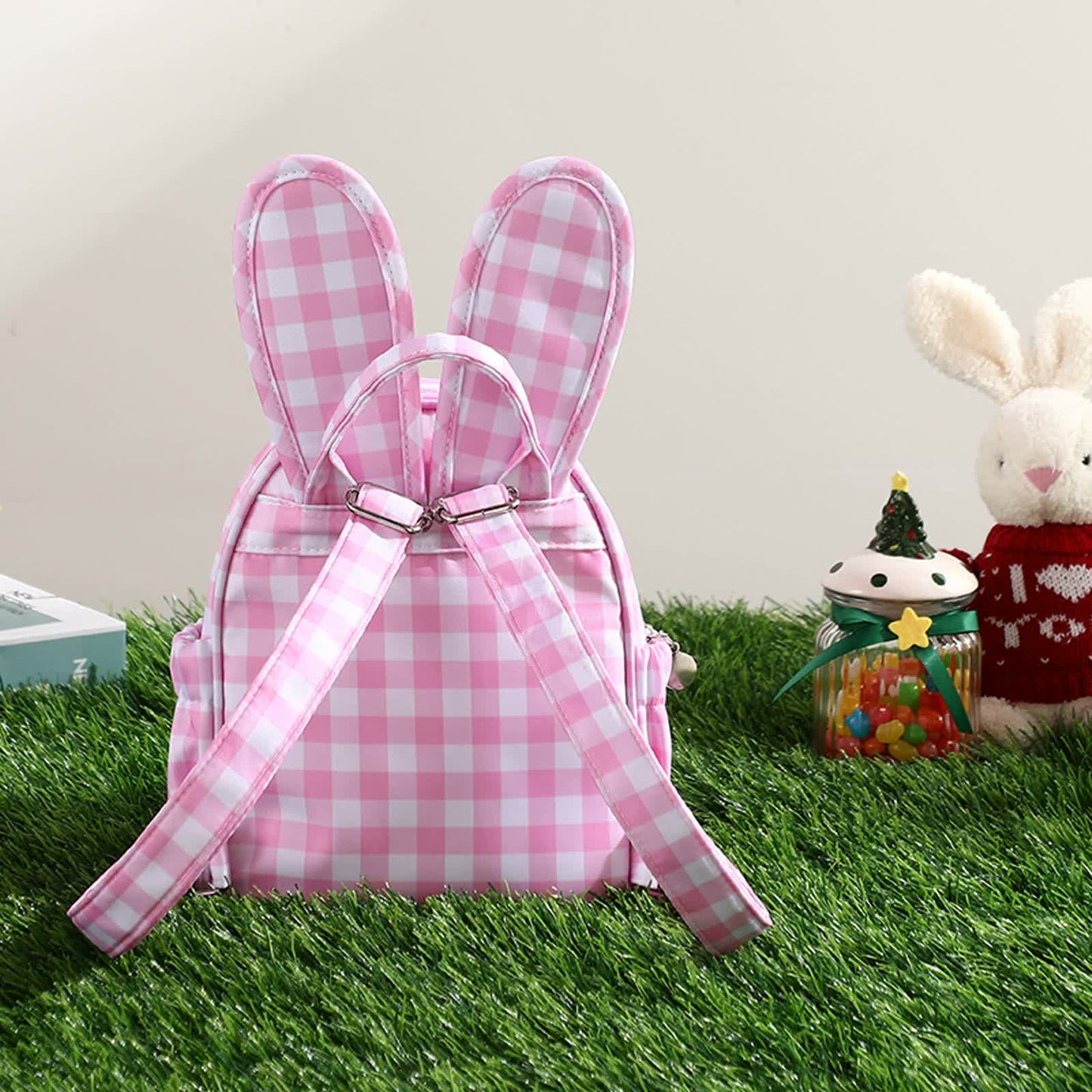 Khaki Kids Bunny Ear Gingham Backpack - Cute Mini Bag for Girls