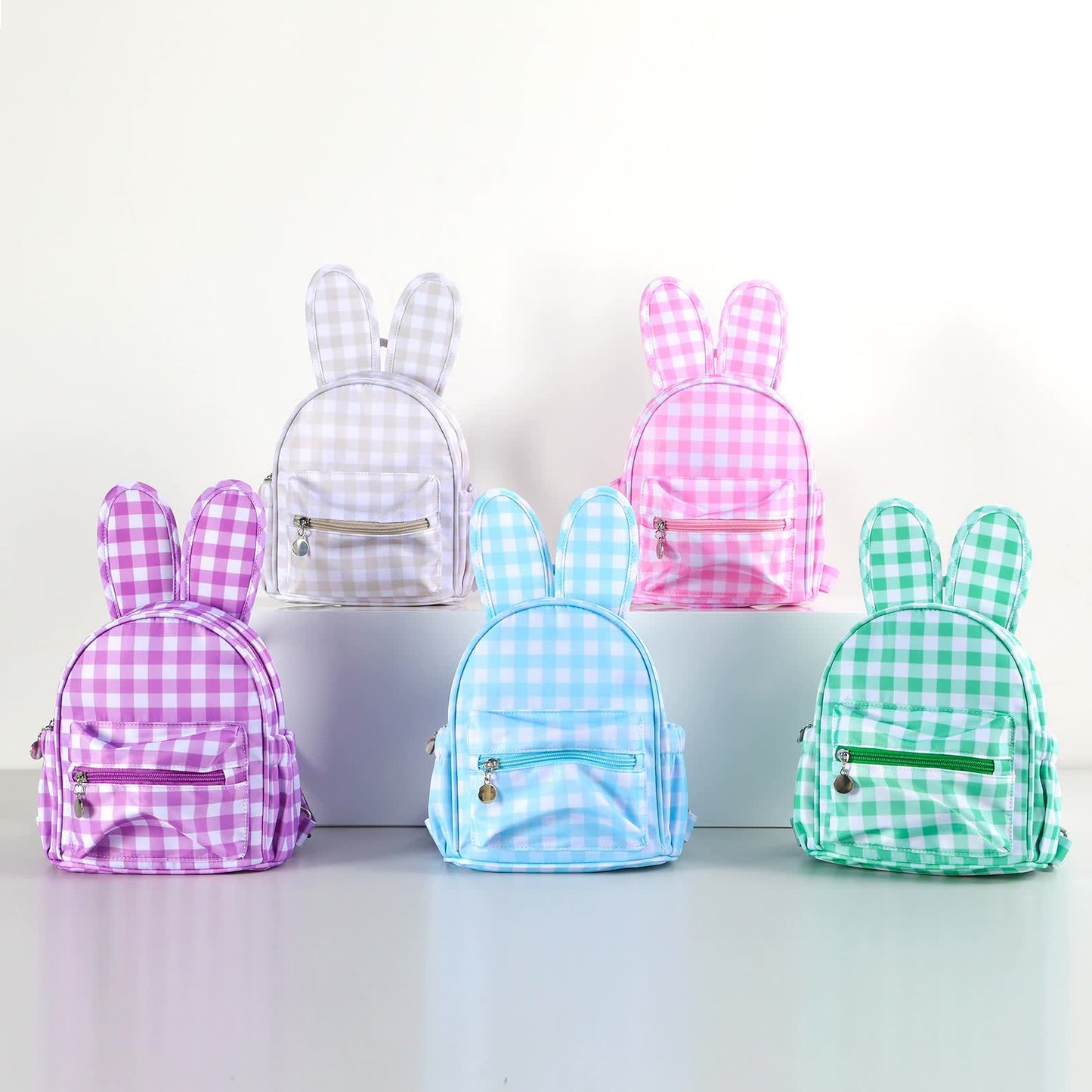 Pink Kids Bunny Ear Gingham Backpack - Cute Mini Bag for Girls