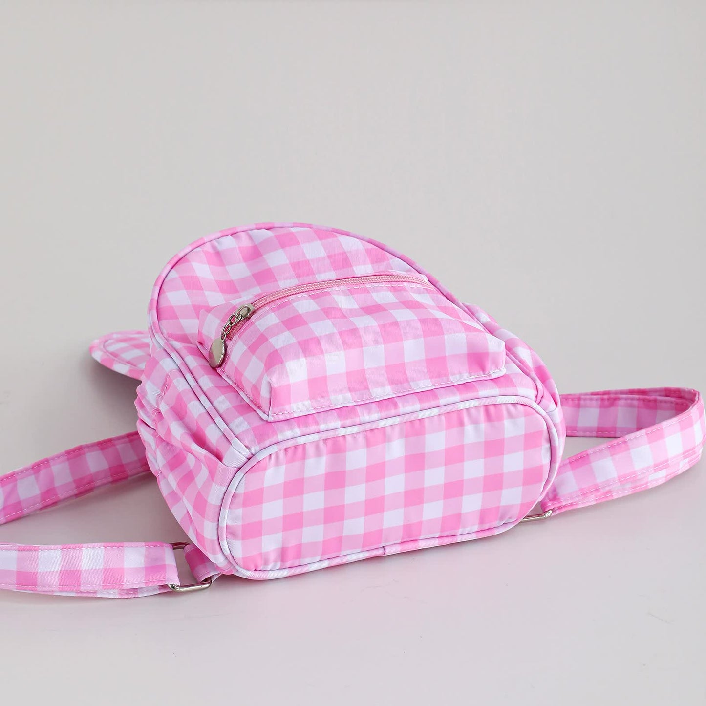 Pink Kids Bunny Ear Gingham Backpack - Cute Mini Bag for Girls