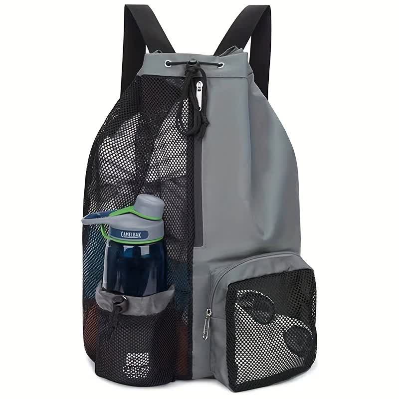 Grey Mesh Drawstring Backpack - Lightweight Sports and Beach Bag with Pockets