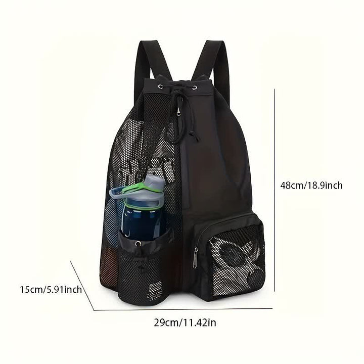 Purple Mesh Drawstring Backpack - Lightweight Sports and Beach Bag with Pockets