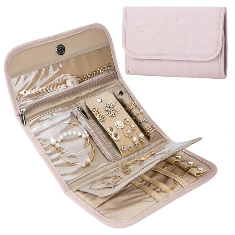 Pink Travel Jewelry Organizer - Compact Roll-Up Storage Bag with Multiple Compartments