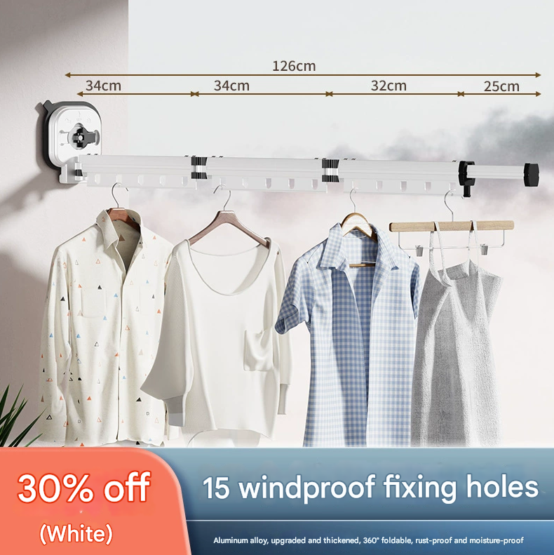 White Wall-Mounted Foldable Clothes Drying Rack - 3-Section Aluminum with 15 Windproof Hooks