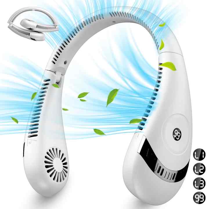 White Rechargeable 5000mAh Portable Neck Fan with 3-Speed Settings