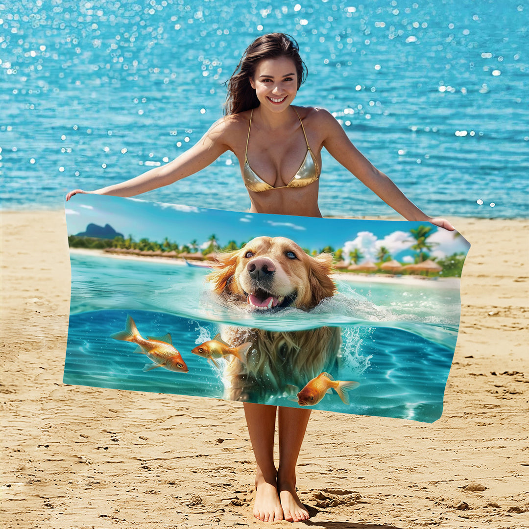 2 PCS Swimming Golden Retriever Extra Large Microfiber Double-Sided Beach Towel, Quick-Drying and Portable