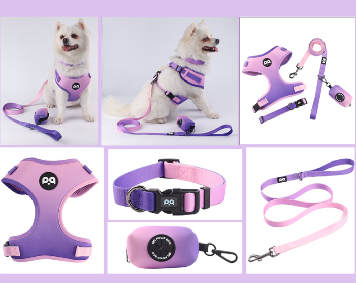 XS Purple-pink Adjustable Soft Pet Harness with Leash & Poop Bag Dispenser