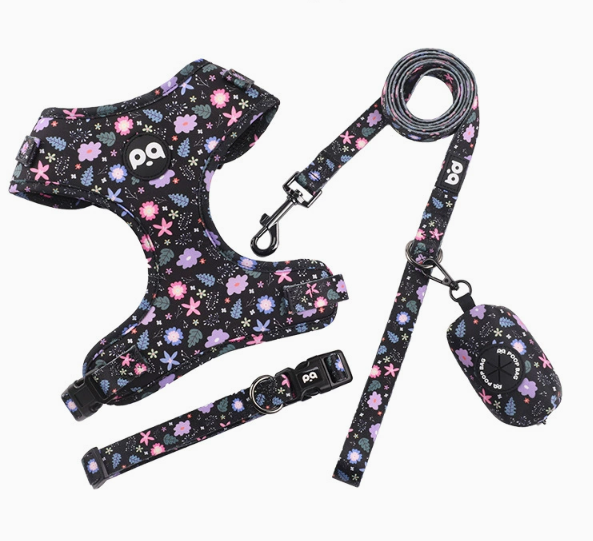 XS Crushed Black Adjustable Soft Pet Harness with Leash & Poop Bag Dispenser