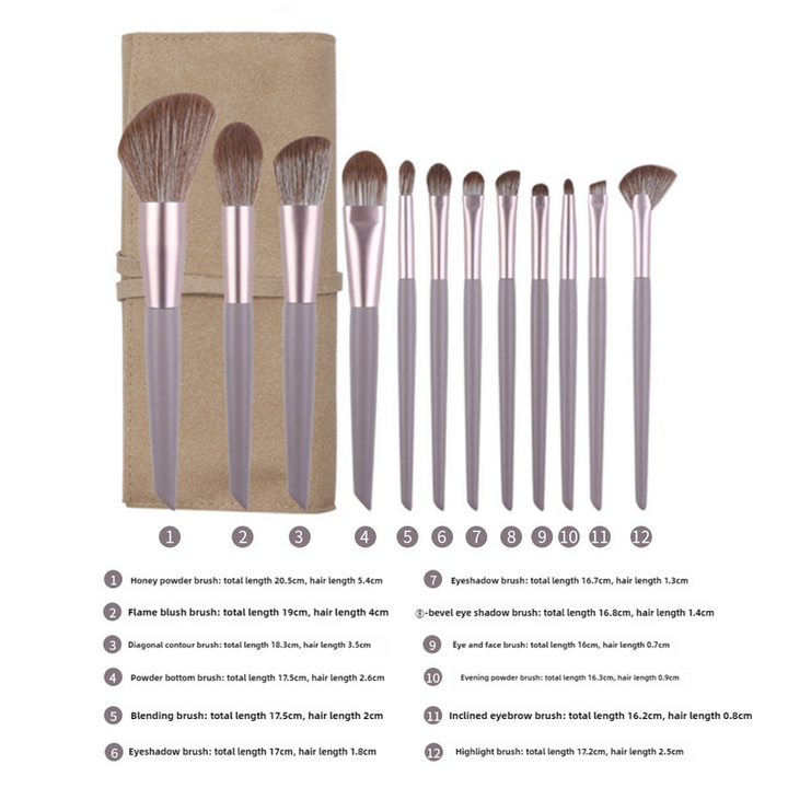 Gray purple 12-Piece Professional Makeup Brush Set with Cosmetic Bag - Premium Synthetic Fiber, Wooden Handle, Aluminum Tube