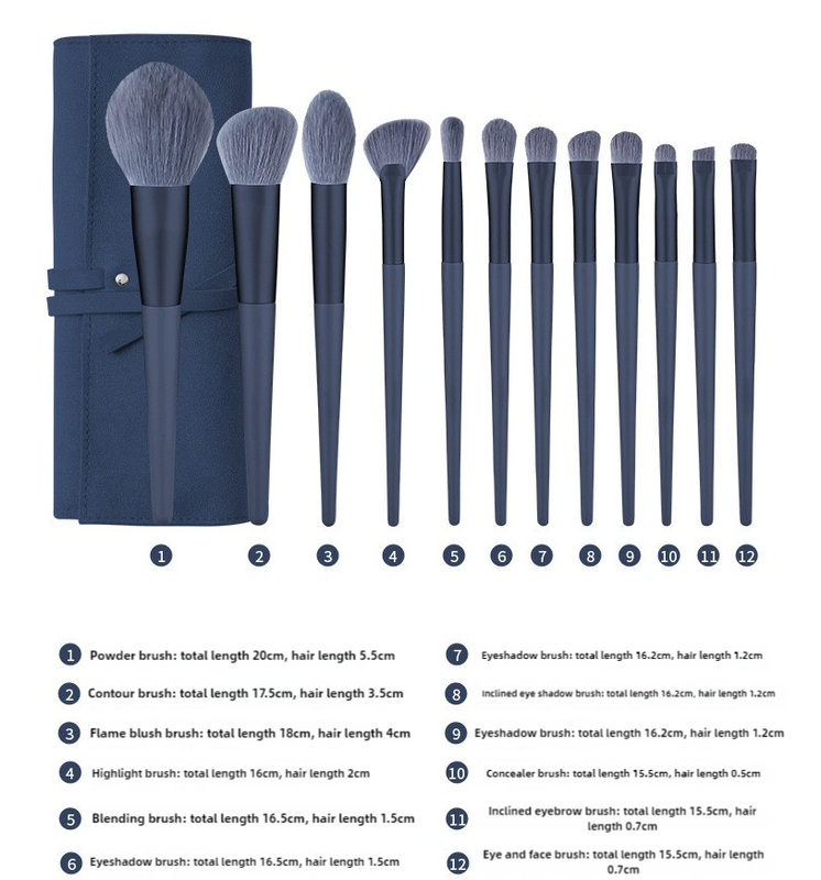 Dark Blue 12-Piece Professional Makeup Brush Set with Cosmetic Bag - Premium Synthetic Fiber, Wooden Handle, Aluminum Tube