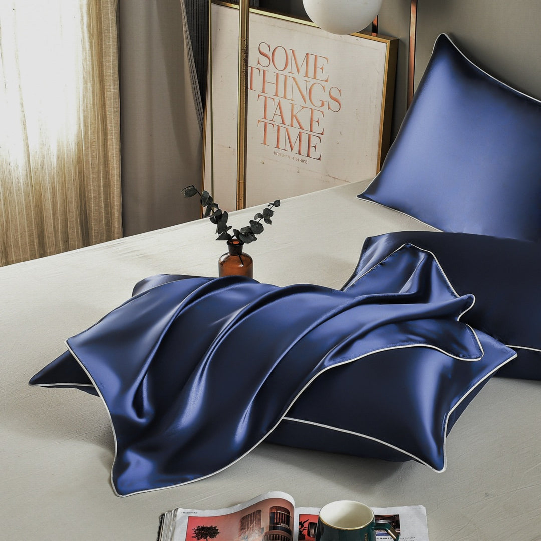 Dark Blue Luxury Double-Sided Satin Silk Pillowcase - Summer Cooling Polyester Pillow Cover Set(Without Pillow Core)