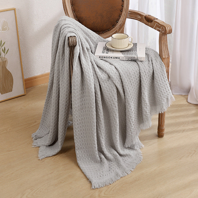 130*230CM Grey Nordic Solid Color Knitted Sofa Throw Blanket with Tassels - Waffle Weave Polyester Decorative Blanket