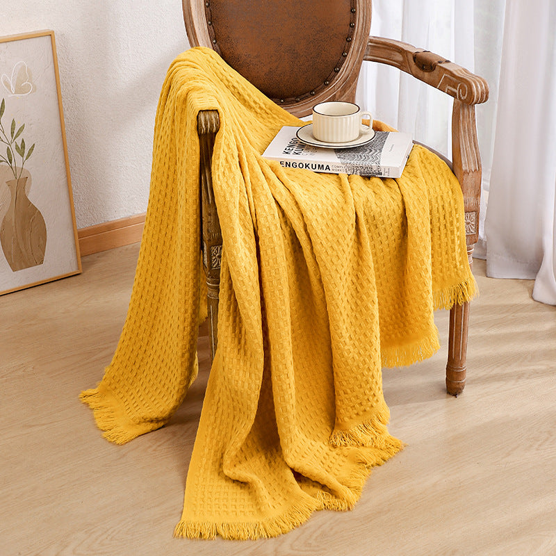 130*230CM Bright Yellow Nordic Solid Color Knitted Sofa Throw Blanket with Tassels - Waffle Weave Polyester Decorative Blanket