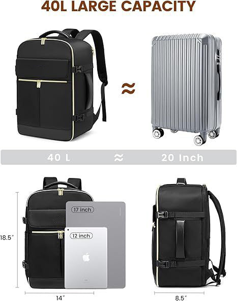 Black 40L Large Capacity Travel Business Backpack with Expandable Compartments, Including 2 Toiletry Bags and Shoe Bag - Durable Oxford Fabric