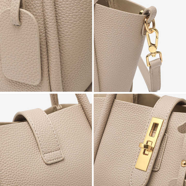 Beige Genuine Leather Women's Handbag - Stylish Bucket Bag with Top Handle and Crossbody Strap