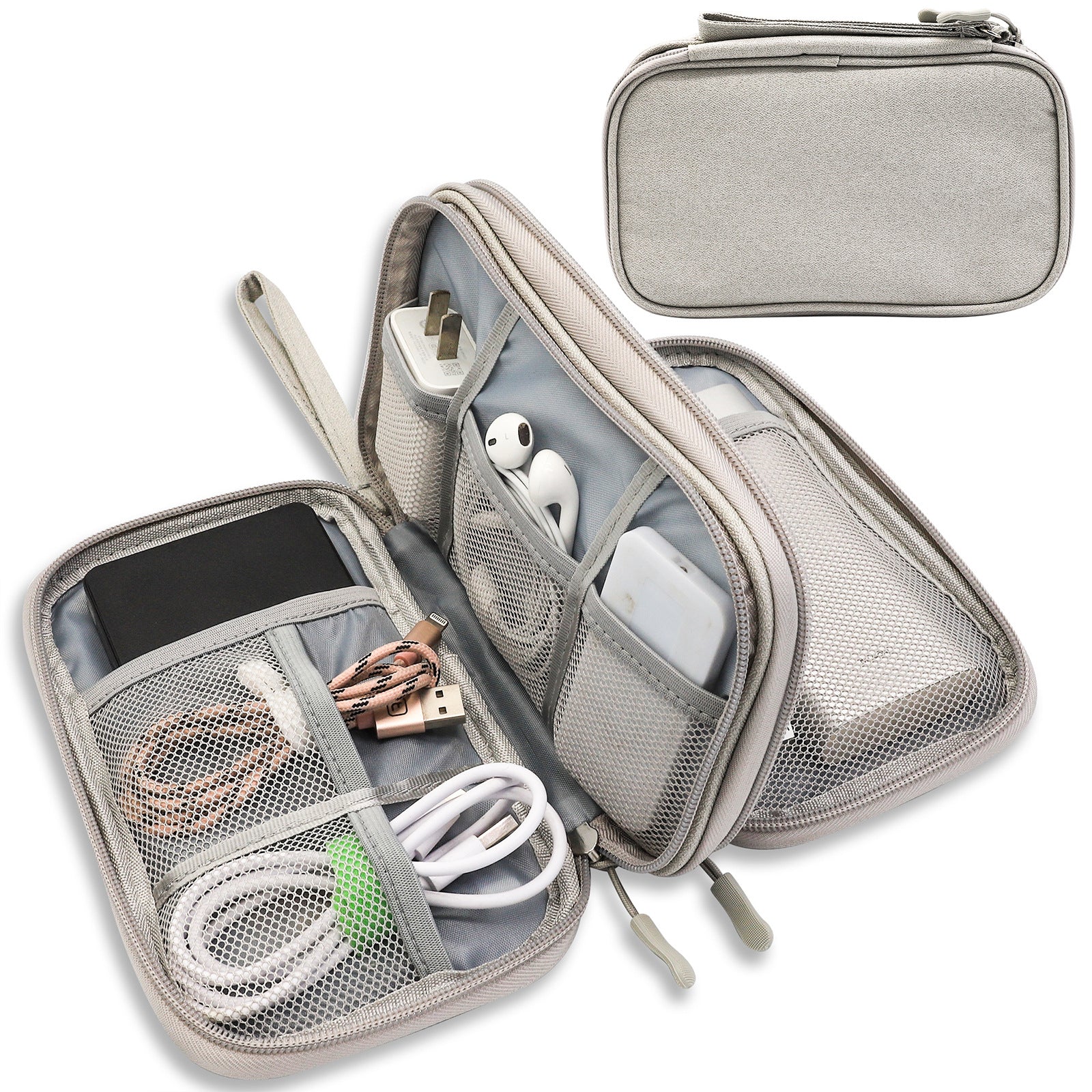 Grey Portable Digital Organizer Bag - Multifunctional Storage for Power Banks, Cables, and Accessories(Photography Props Not Included)