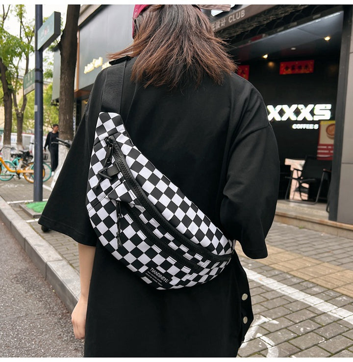 Black and White Check Trendy Checkered Crossbody Bag - Color-Block Chest Bag for Men and Women, Lightweight Nylon Waist Bag