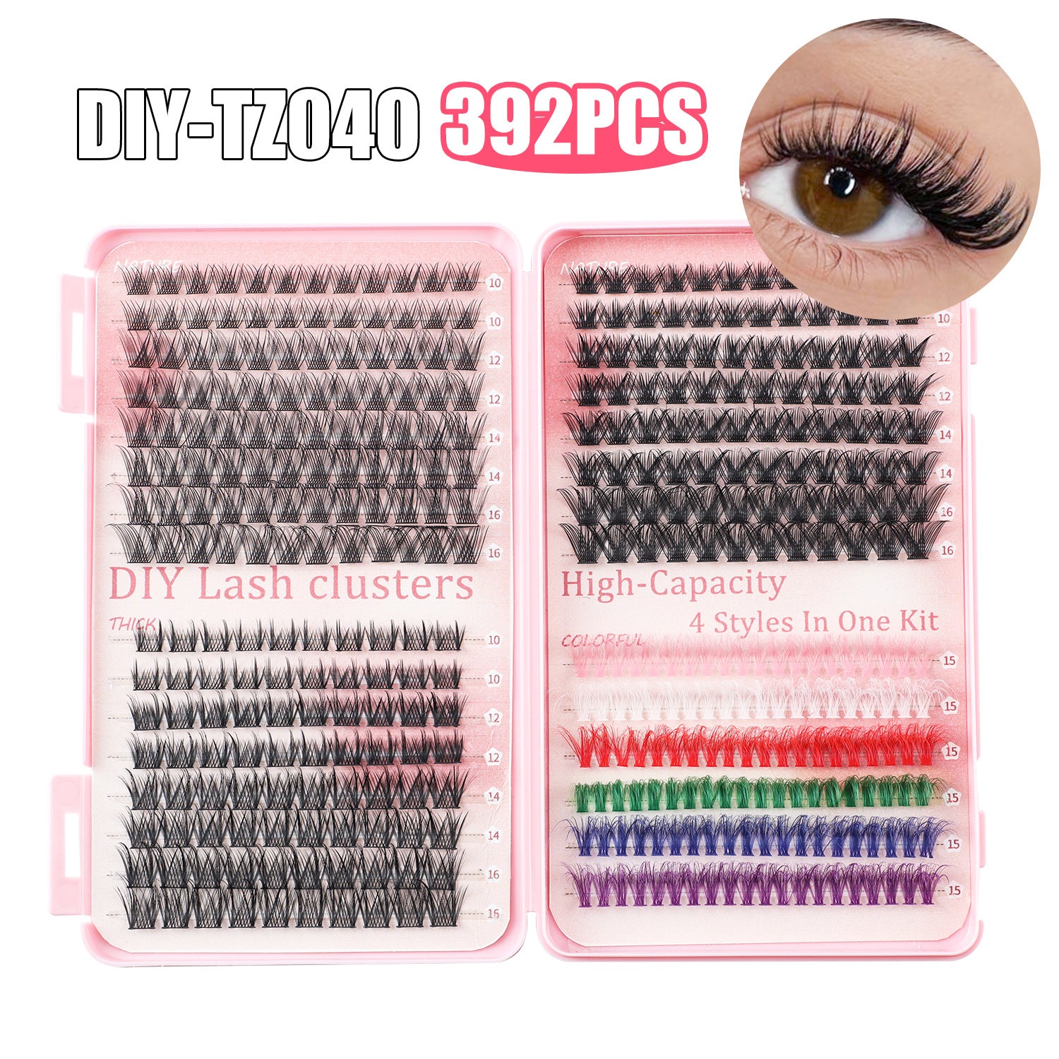 392 Eyelashes Set DIY Lash Clusters Kit - High-Capacity 4 Styles with Black and Colorful Lashes