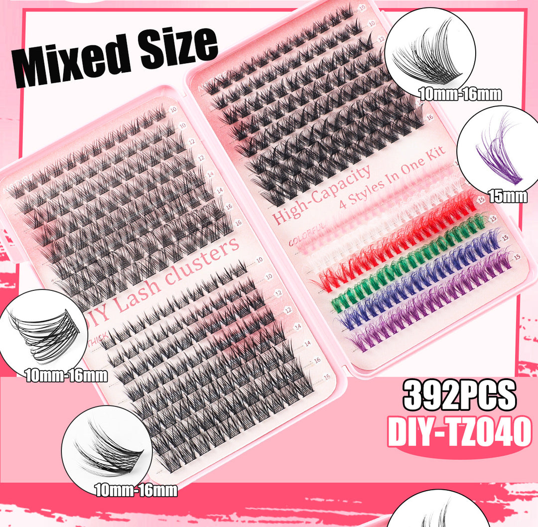 392 Eyelashes Set DIY Lash Clusters Kit - High-Capacity 4 Styles with Black and Colorful Lashes