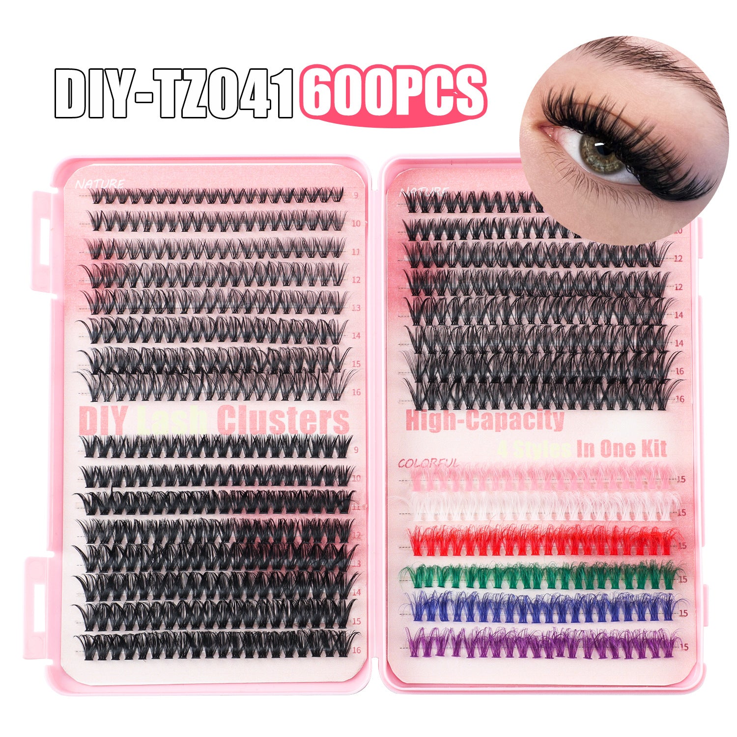 600 Eyelashes Set DIY Lash Clusters Kit - High-Capacity 4 Styles with Black and Colorful Lashes