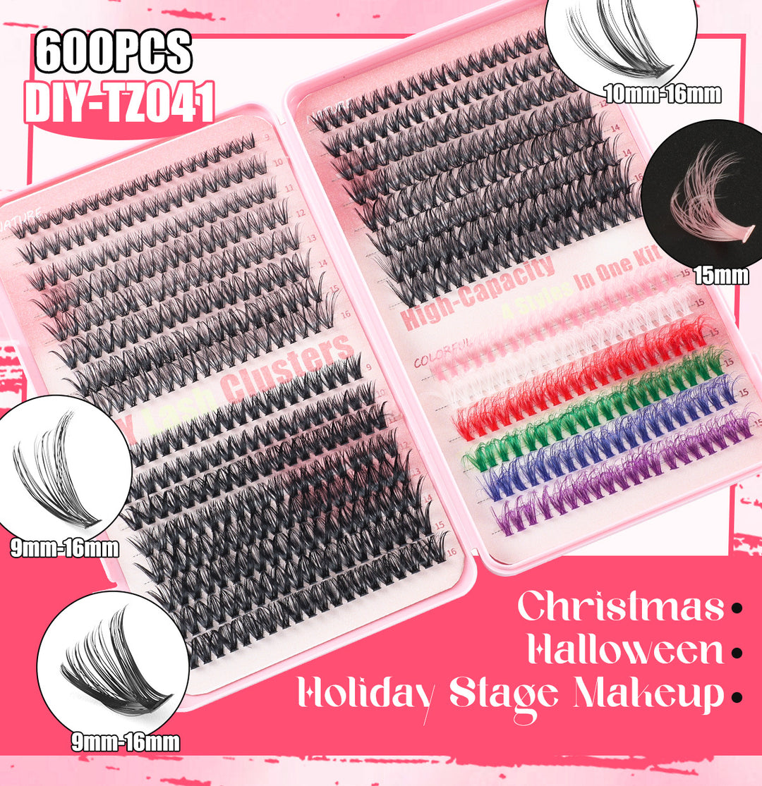 600 Eyelashes Set DIY Lash Clusters Kit - High-Capacity 4 Styles with Black and Colorful Lashes