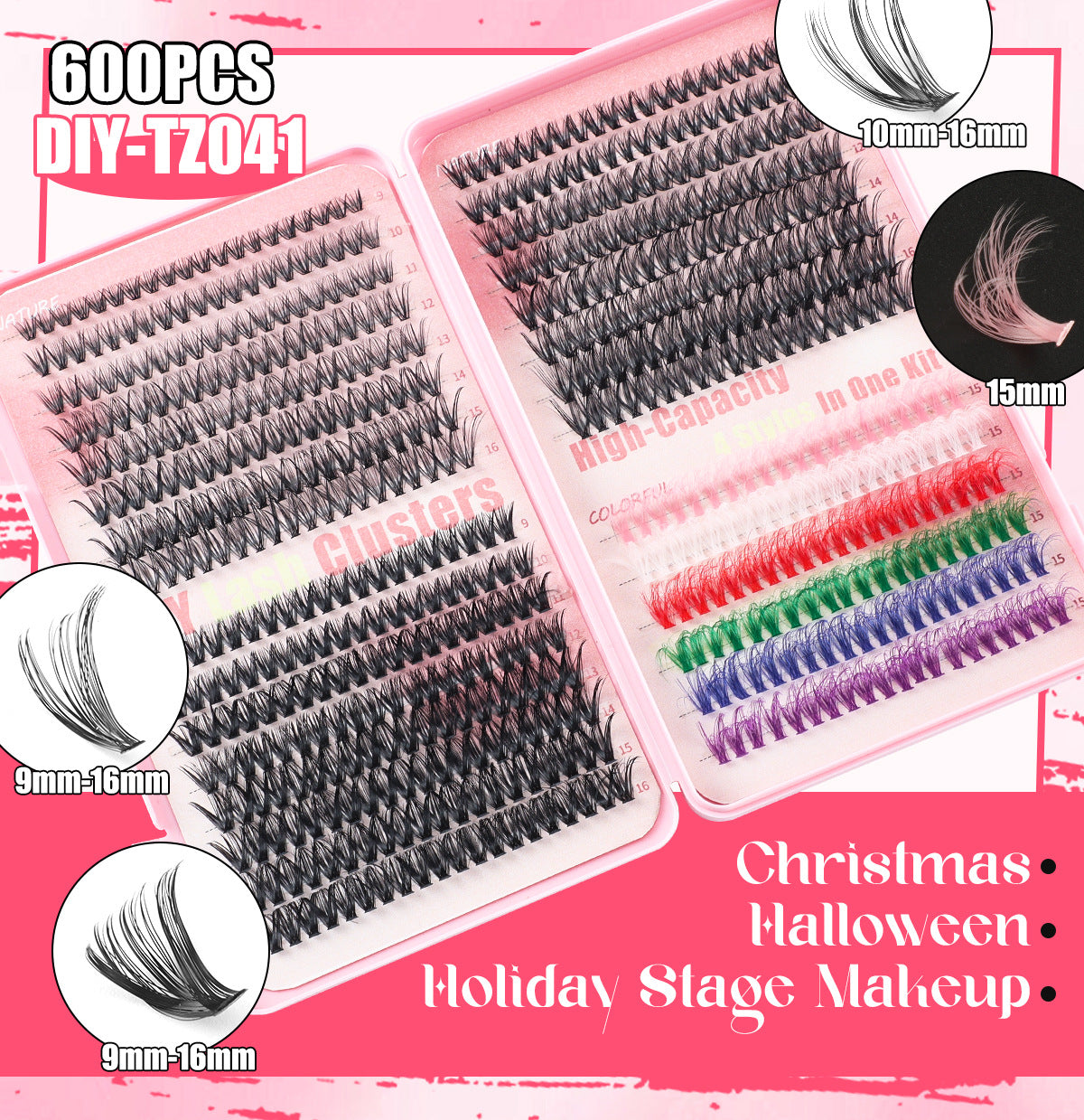 600 Eyelashes Set DIY Lash Clusters Kit - High-Capacity 4 Styles with Black and Colorful Lashes