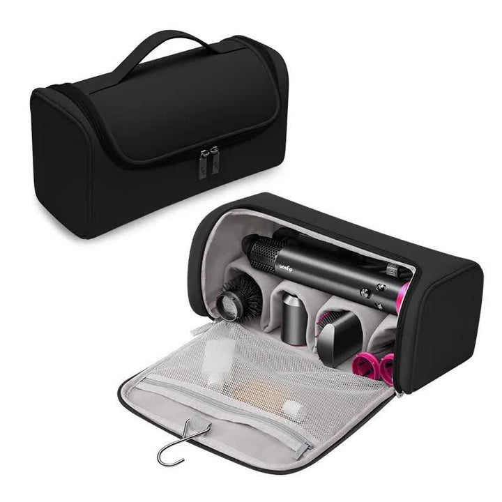 Black Portable PU Storage Bag for Hair Curlers, Hair Dryers, and Styling Tools(Hair dryers, etc. are shooting props and are not included in the product)