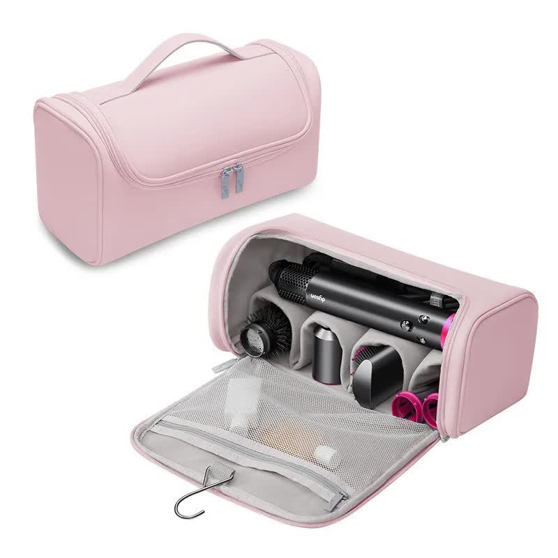 Pink Portable PU Storage Bag for Hair Curlers, Hair Dryers, and Styling Tools(Hair dryers, etc. are shooting props and are not included in the product)