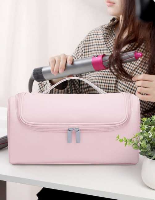 Pink Portable PU Storage Bag for Hair Curlers, Hair Dryers, and Styling Tools(Hair dryers, etc. are shooting props and are not included in the product)