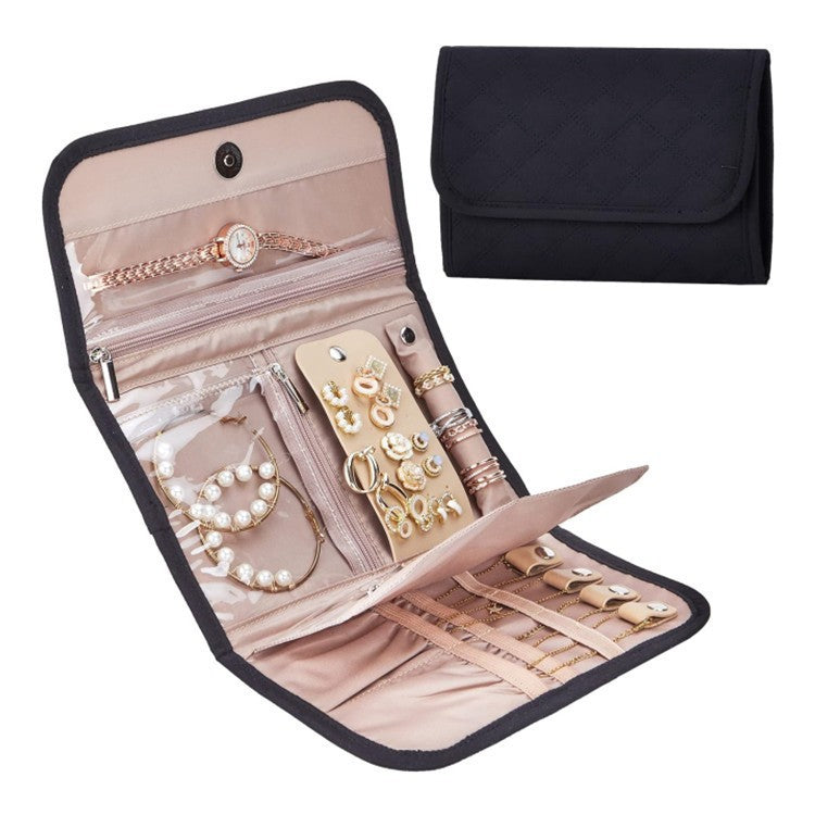 Black Portable Travel Jewelry Organizer Roll - Foldable Jewelry Storage Pouch for Earrings, Rings, and Necklaces(Jewellery is a shooting prop and is not included)