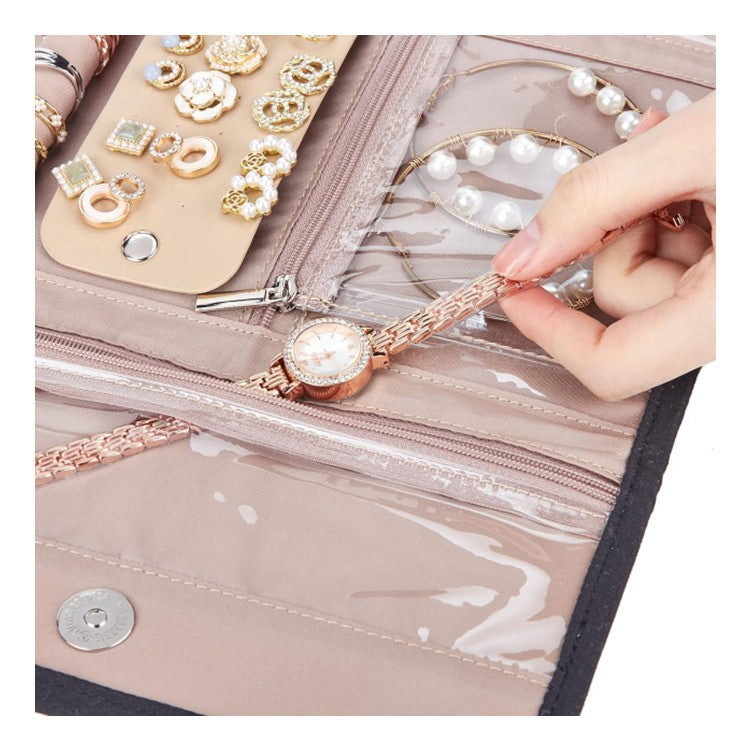 Black Portable Travel Jewelry Organizer Roll - Foldable Jewelry Storage Pouch for Earrings, Rings, and Necklaces(Jewellery is a shooting prop and is not included)