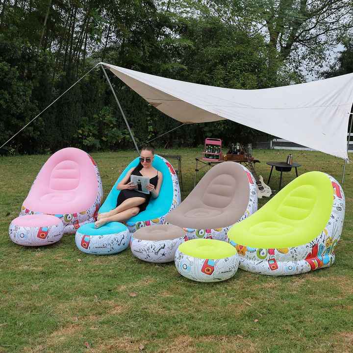 (Pink Graffiti)Portable Inflatable Sofa Chair with Ottoman - Waterproof Flocked Lazy Sofa for Camping and Home Use