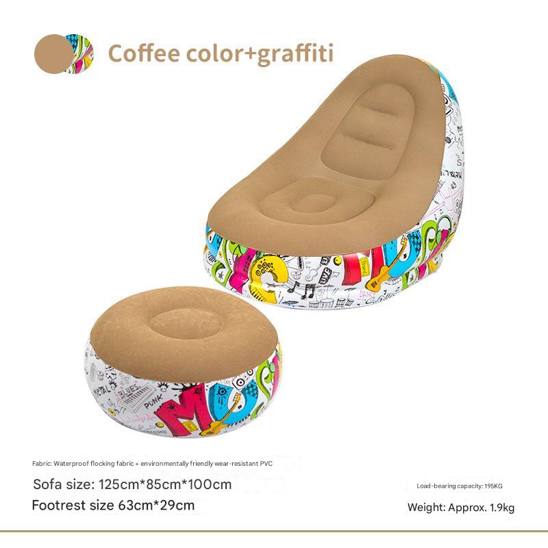 Coffee Graffiti Portable Inflatable Sofa Chair with Ottoman - Waterproof Flocked Lazy Sofa for Camping and Home Use