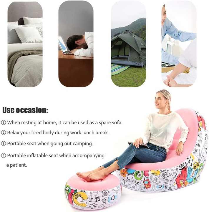 Coffee Graffiti Portable Inflatable Sofa Chair with Ottoman - Waterproof Flocked Lazy Sofa for Camping and Home Use