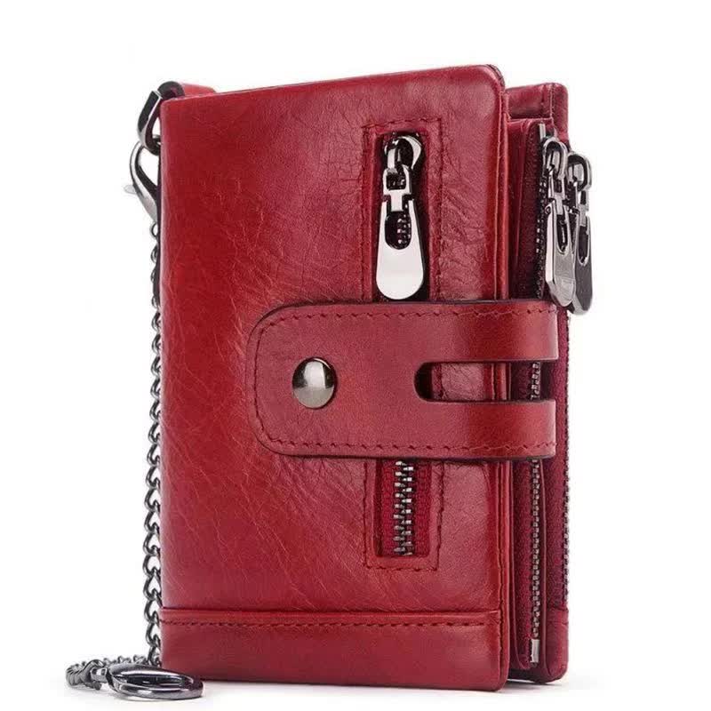 Red Genuine Leather Tri-Fold Wallet - Fashionable Multi-Card Men's and Women's Wallet