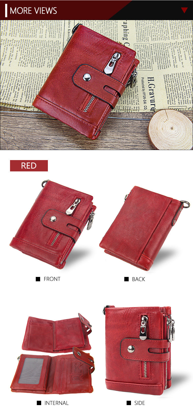 Red Genuine Leather Tri-Fold Wallet - Fashionable Multi-Card Men's and Women's Wallet