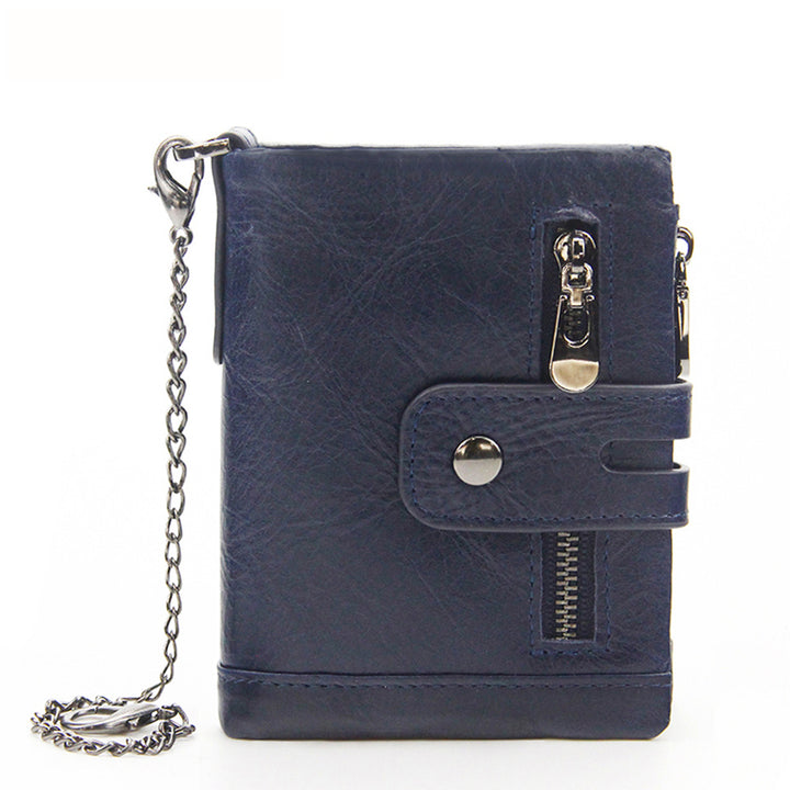 Dark Blue Genuine Leather Tri-Fold Wallet - Fashionable Multi-Card Men's and Women's Wallet