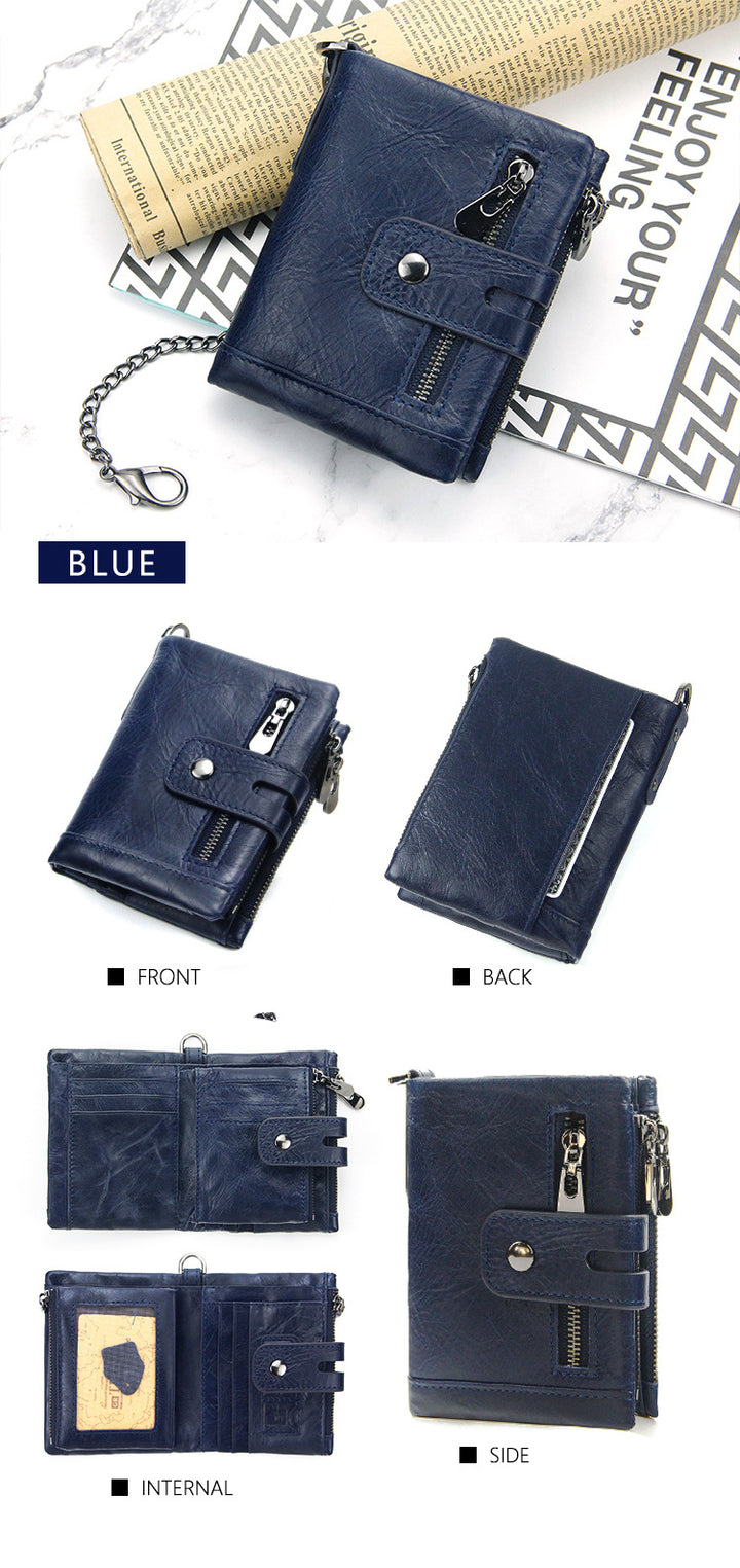 Dark Blue Genuine Leather Tri-Fold Wallet - Fashionable Multi-Card Men's and Women's Wallet