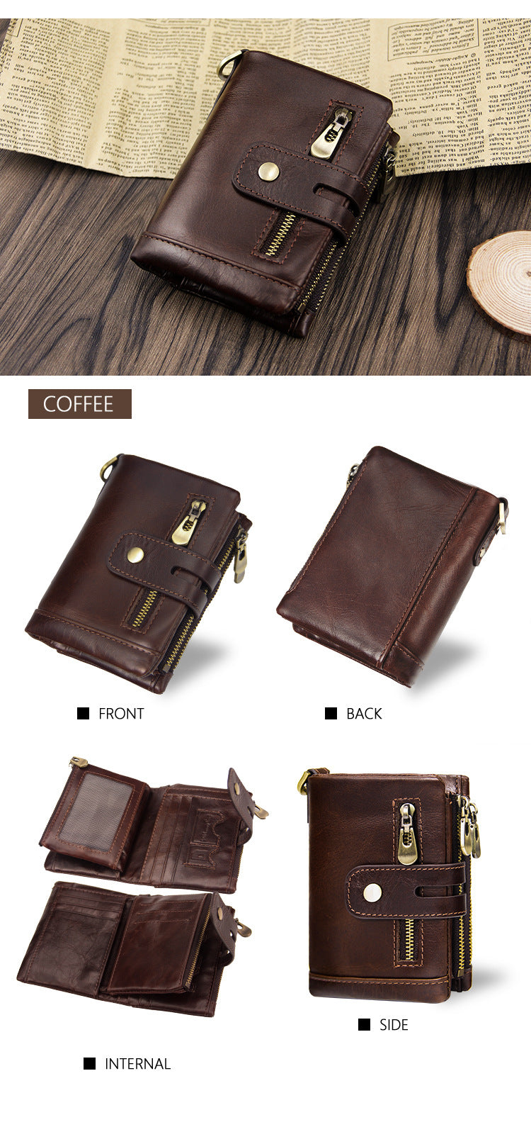 Coffee Genuine Leather Tri-Fold Wallet - Fashionable Multi-Card Men's and Women's Wallet