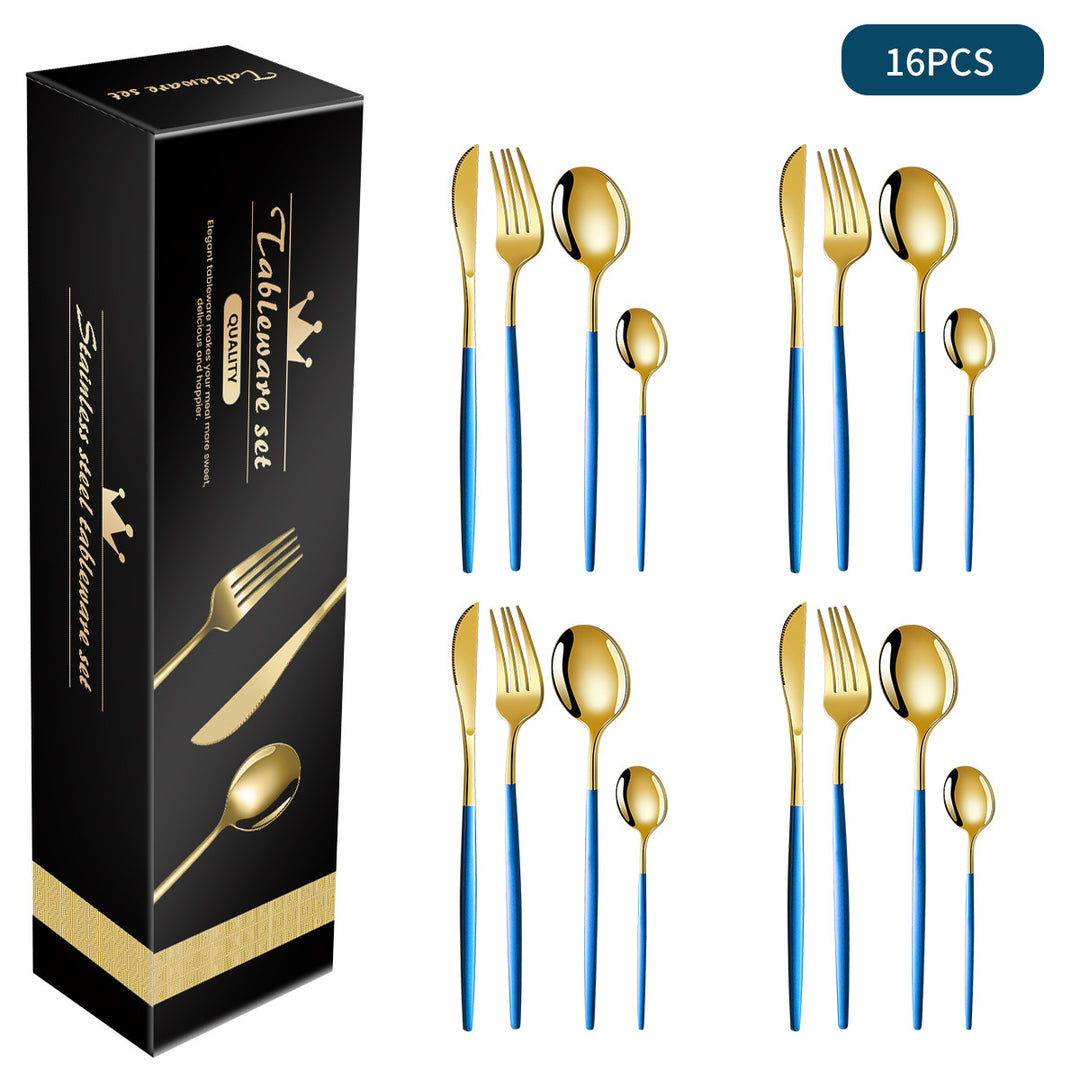 Blue And Gold Patchwork Colours 410 Stainless Steel 16-Piece Flatware Set - Elegant Dinnerware with Knife, Fork, Spoon for 4 People