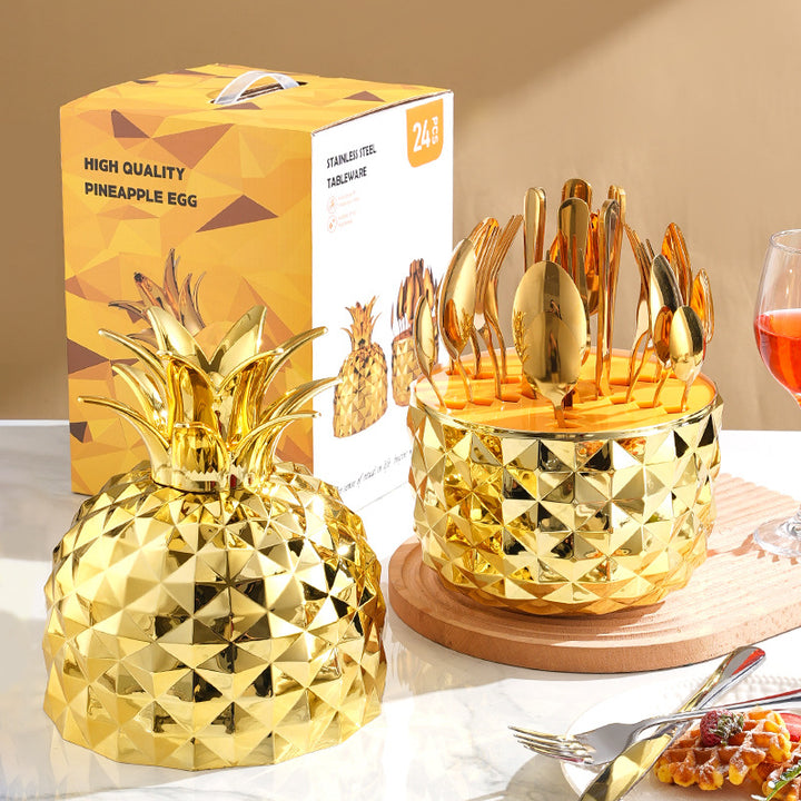 Gold Creative Pineapple-Shaped 410 Stainless Steel 24-Piece Cutlery Set – Elegant 6-Person Dining Gift Set