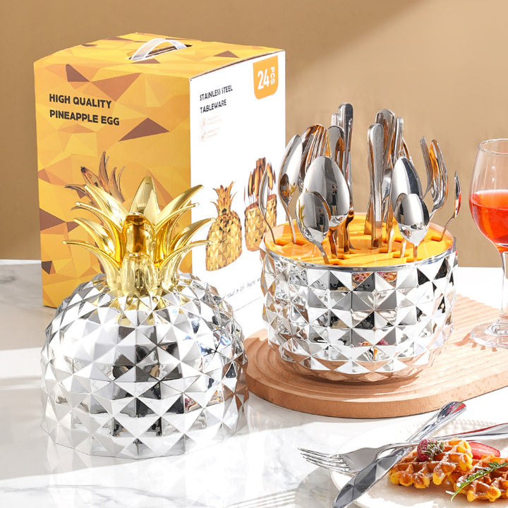 Silver Creative Pineapple-Shaped 410 Stainless Steel 24-Piece Cutlery Set - Elegant 6-Person Dining Gift Set