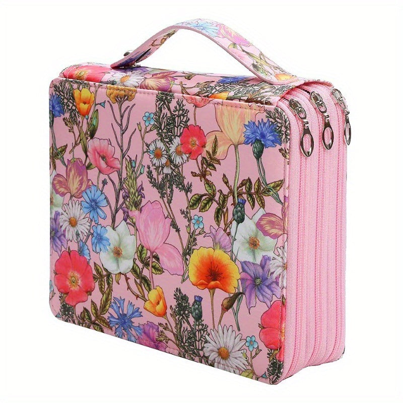 Pink Background + Flowers Pattern 124-Slot Large Capacity Zippered Pencil Case - Triple-Layer Oxford Fabric Organizer for Colored Pencils, Art Supplies Storage Bag (Pencils Not Included)