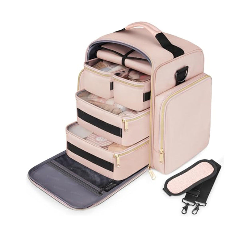 Pink 4-in-1 Travel Cosmetic Organizer Bag with Detachable Polyester Storage Boxes and Jewelry Roll, Multiple Compartments, Portable Makeup Bag